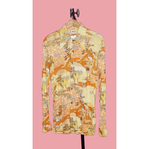1970s CALIFORNIA SHIRT WORKS. Japanese Geisha Disco Printed Button. M. As Is - Picture 2 of 10